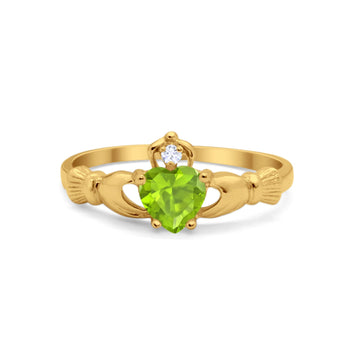Irish Claddagh Heart Promise Ring Yellow Tone, Simulated Peridot CZ 925 Sterling Silver